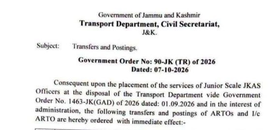 'Six Officials Transferred in J&K Transport Department, Four JKAS Officers Get ARTO Posts'